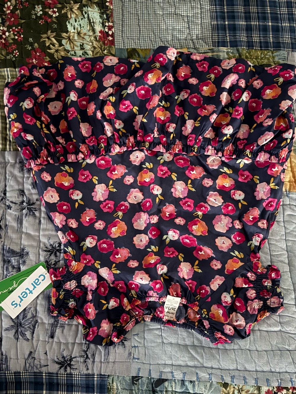 Navy Floral Strapless Romper with Pink & Coral Blooms